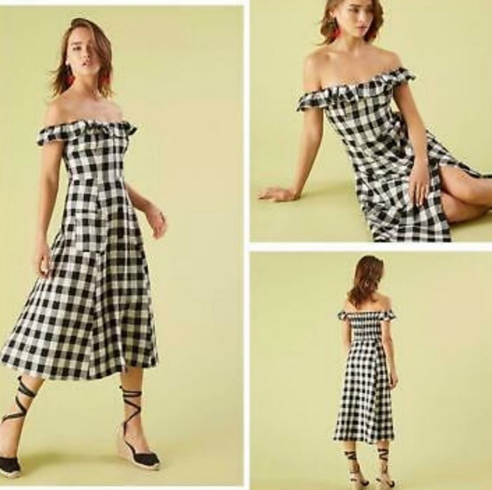 Reformation Hattie Off the Shoulder Women's Linen Plaid Dress Gingham Size 2